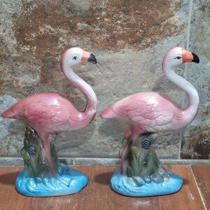 Pair Vintage Mid Century Ceramic Pink Flamingo Figurines